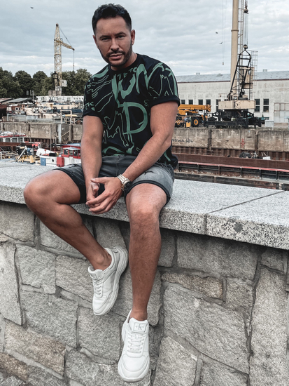 T-shirt nera stampata da uomo in cotone Bolf KS1972