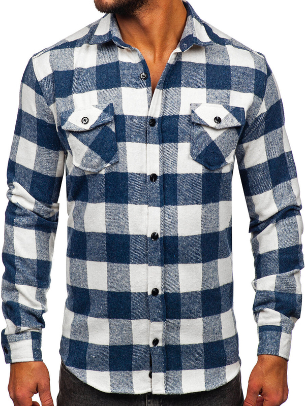 Camicia di flanella a manica lunga da uomo azzurra Bolf 20723