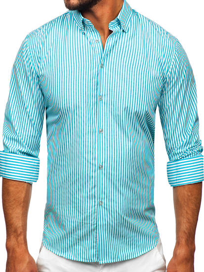 Camicia a righe a maniche lunghe da uomo turchese Bolf 22731