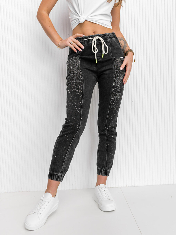 Pantaloni in denim con paillettes da donna neri Bolf BF108