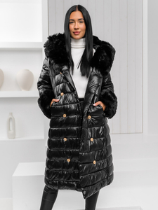 Cappotto lungo invernale trapuntato da donna con cappuccio nero Bolf 5M3160A