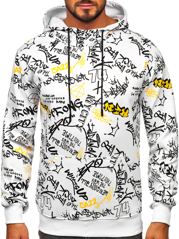 Felpa stampata con tasca a canguro con cappuccio da uomo bianca Bolf 8B1101