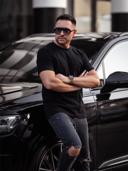 T-shirt da uomo in cotone nero senza stampa Bolf 14291