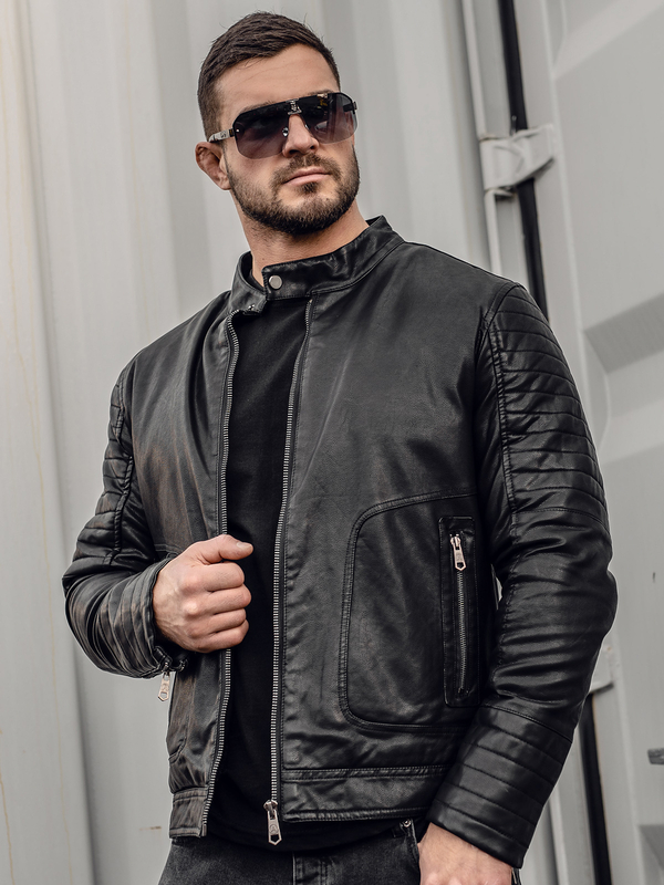 Giacca isolata tipo biker in pelle da uomo nera Bolf 92531