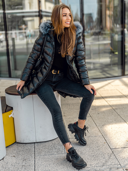 Giubbotto lungo invernale trapuntato con cappuccio da donna nero Bolf 7076