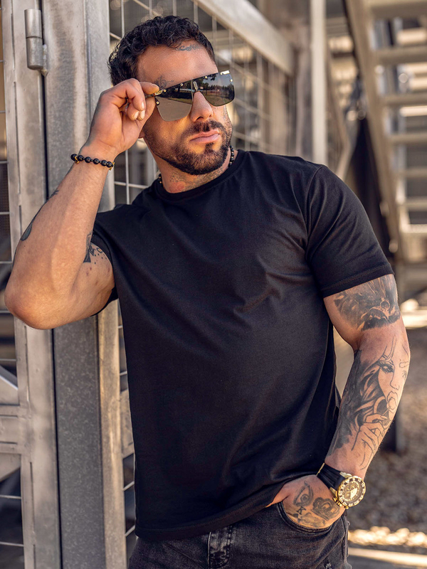 T-shirt da uomo in cotone nero senza stampa Bolf 192397B