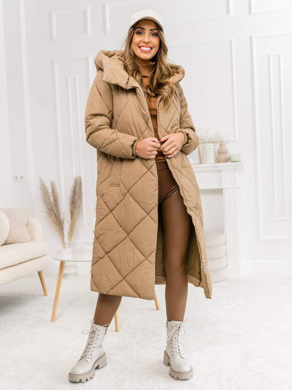 Giubbotto invernale lungo trapuntato cappotto con cappuccio da donna camello Bolf 5M3173