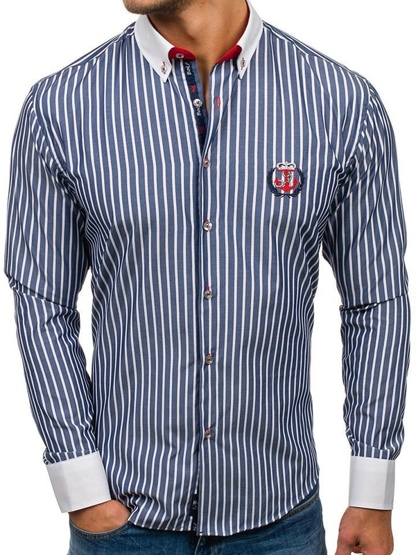 Camicia a righe a manica lunga da uomo blu Bolf 1771