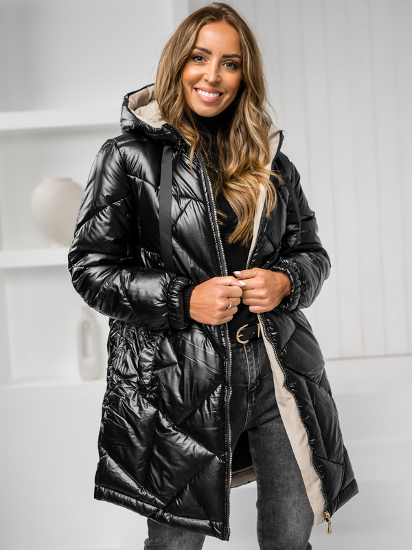Cappotto lungo invernale trapuntato da donna con cappuccio nero Bolf 5M3189A