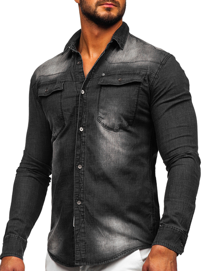 Camicia in jeans a manica lunga da uomo nera Bolf MC703N