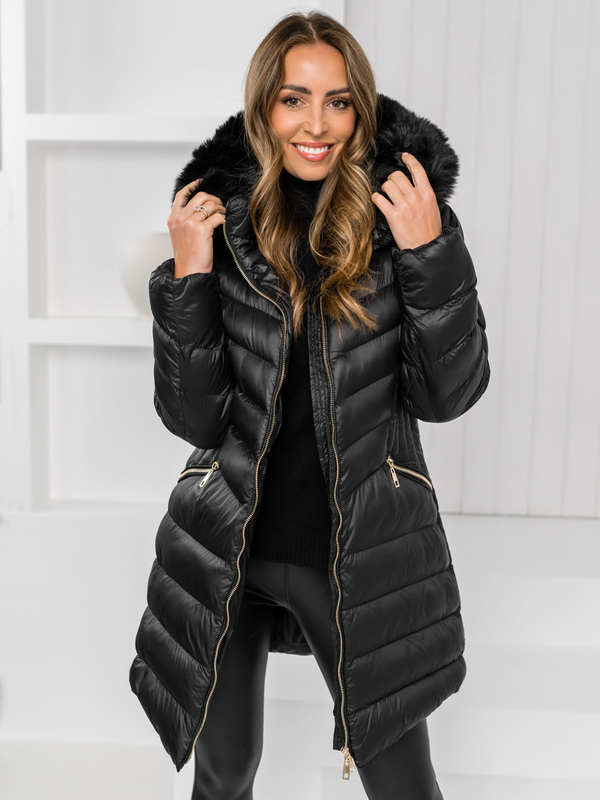 Cappotto lungo invernale trapuntato da donna con cappuccio nero Bolf 5M3162A2