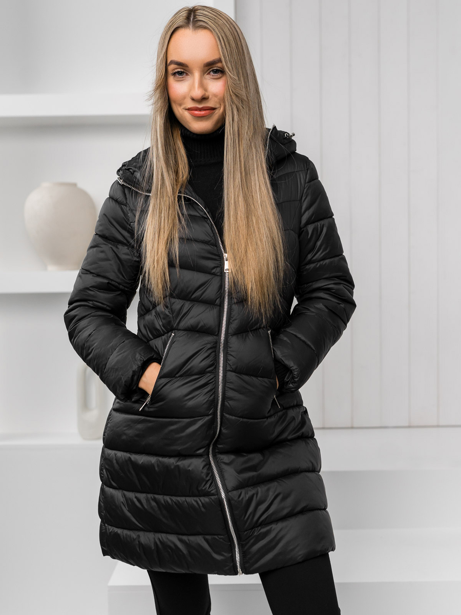 Giubbotto trapuntato lungo cappotto con cappuccio invernale da donna nero  Bolf 11Z8083