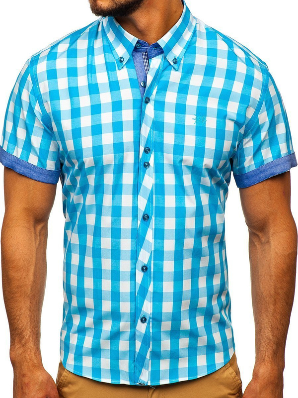 Camicia a scacchi a manica corta da uomo turchese Bolf 6522