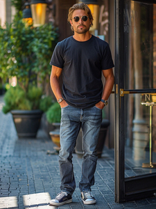 T-shirt da uomo in cotone nero senza stampa Bolf 192397