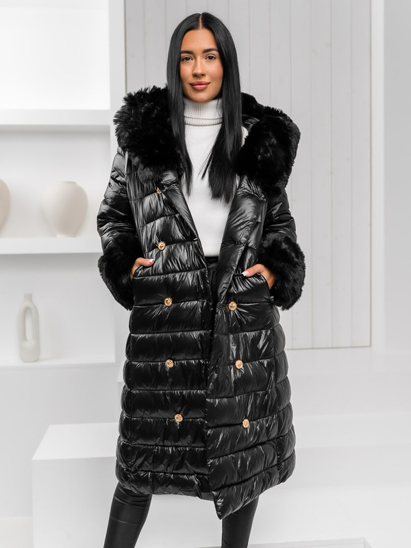 Cappotto lungo invernale trapuntato da donna con cappuccio nero Bolf 5M3160A