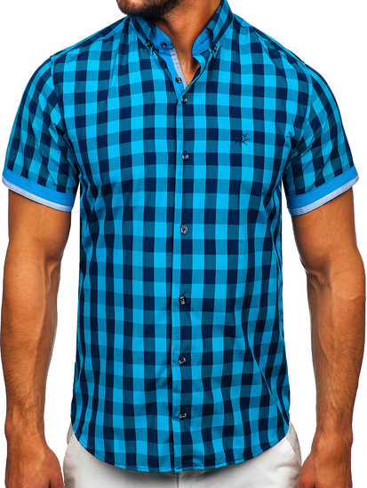 Camicia a scacchi a manica corta da uomo nero-azzurra Bolf 4508