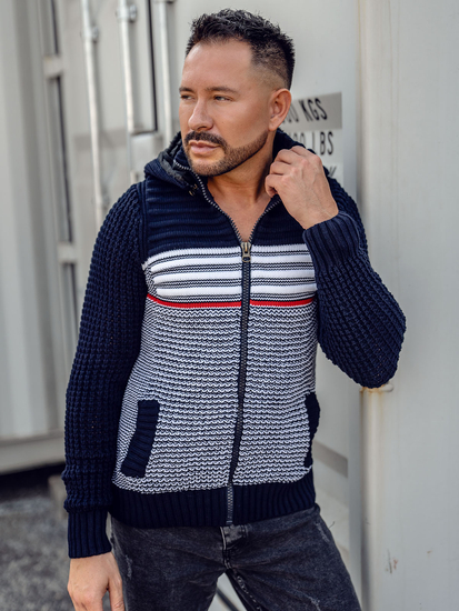 Cardigan spesso con cappuccio giacca da uomo blu Bolf 2048