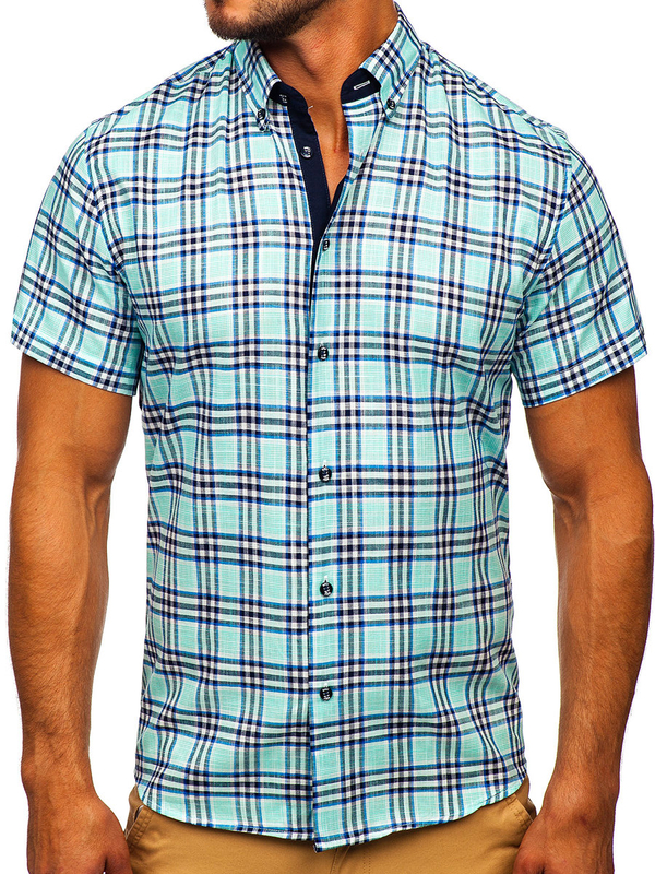 Camicia a manica corta a quadri da uomo verde menta Bolf 201501