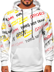 Felpa stampata con tasca a canguro con cappuccio da uomo bianca Bolf 8B997