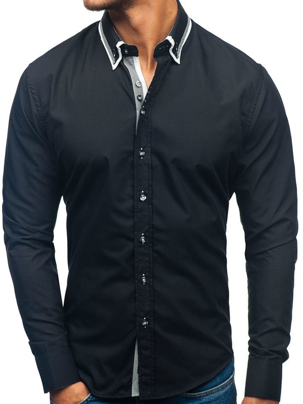 Camicia elegnate a manica lunga da uomo nera Bolf 3704-1