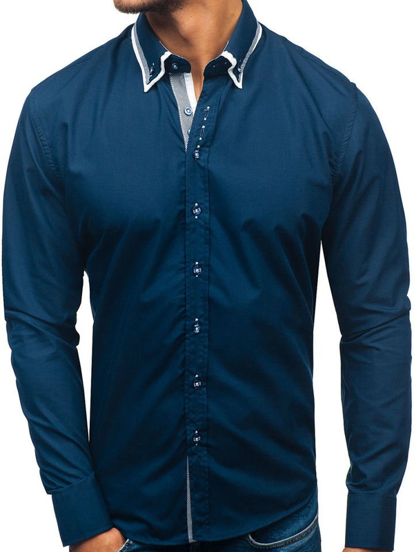 Camicia elegnate a manica lunga da uomo blu Bolf 3704-1
