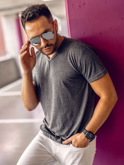 Maglietta a maniche lunghe con scollo a V, da uomo, color antracite, Bolf 192131A