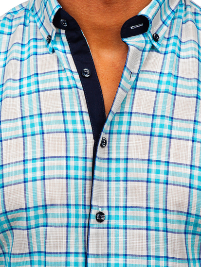 Camicia a manica corta a quadri da uomo celeste Bolf 201501