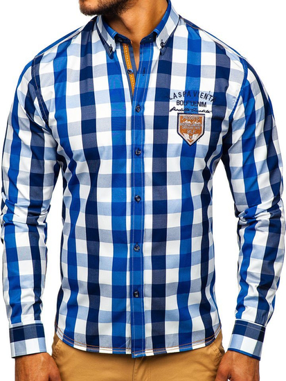 Camicia a quadri a manica lunga da uomo azzurra Bolf 1766-1