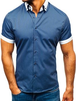 Camicia a righe a manica corta da uomo blu Bolf 1808