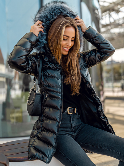 Giubbotto lungo invernale trapuntato con cappuccio da donna nero Bolf 7076