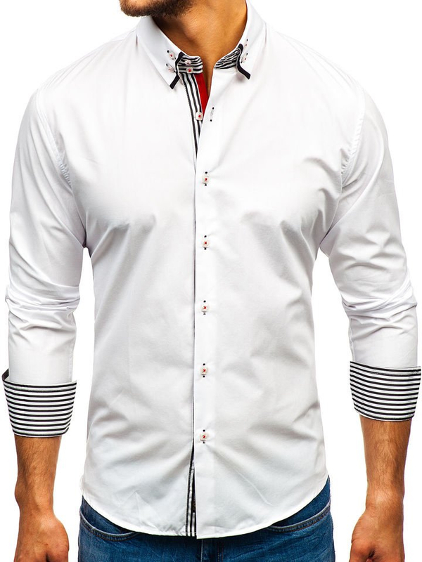 Camicia elegante a manica lunga da uomo bianco-nera Bolf 1747