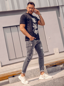 T-shirt da uomo in cotone nero con stampa Bolf KS1997