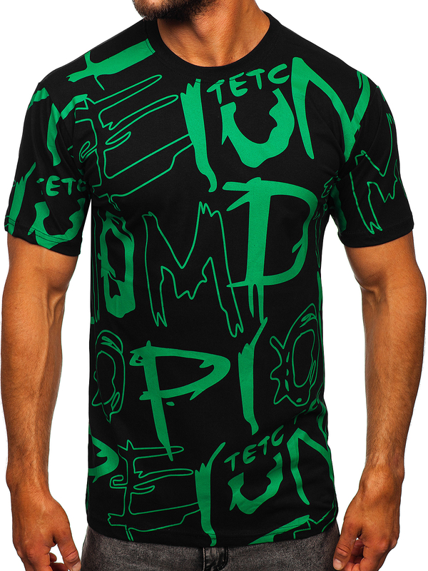 T-shirt nera stampata da uomo in cotone Bolf KS1972