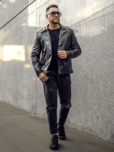 Giacca in pelle tipo chiodo da uomo nera Bolf 11Z8014