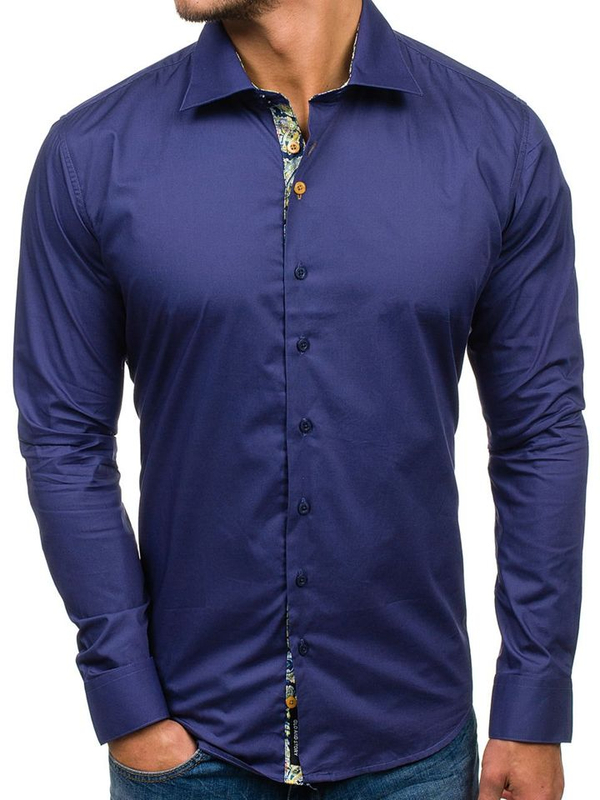 Camicia elegante a manica lunga da uomo blu Bolf 9983
