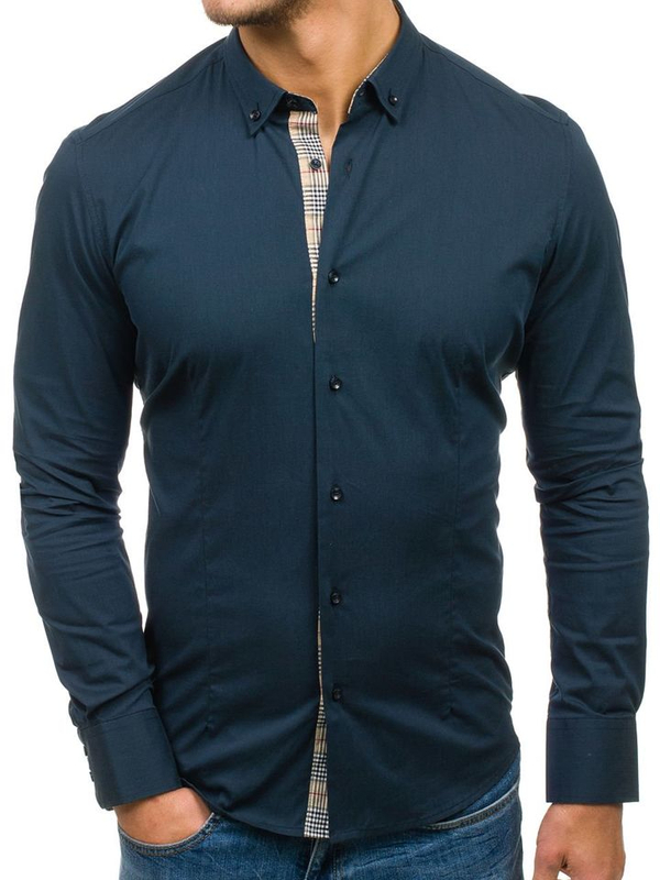 Camicia elegante a manica lunga da uomo blu Bolf 7197