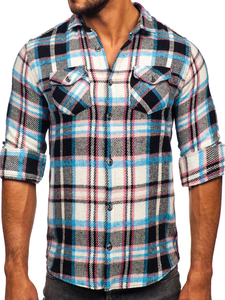 Camicia in flanella a quadri a manica lunga da uomo azzuro-rosa Bolf 22704
