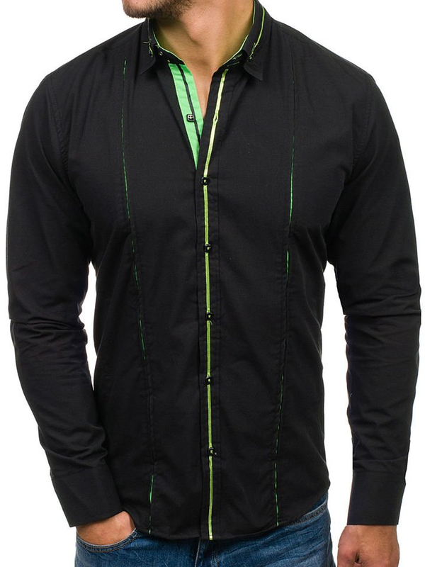 Camicia elegante a manica lunga da uomo nero-verde Bolf 2964
