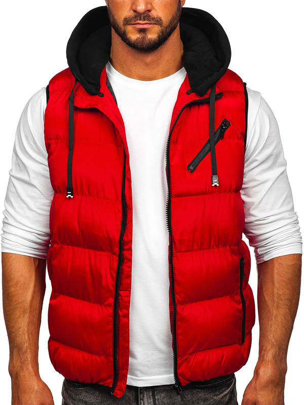 Gilet spesso trapuntato con cappuccio da uomo rosso Bolf 7126