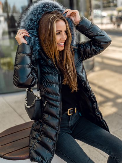 Giubbotto lungo invernale trapuntato con cappuccio da donna nero Bolf 7076