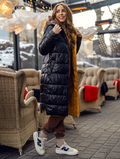 Giacca lunga trapuntata invernale con cappuccio da donna nero Bolf J9063A