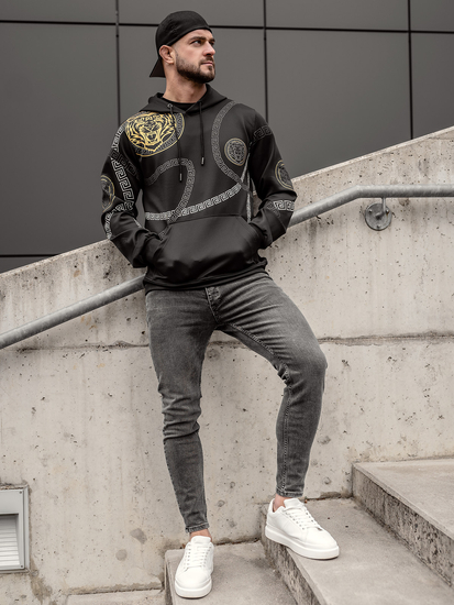 Felpa con cappuccio a canguro stampata da uomo nera Bolf 8B999A