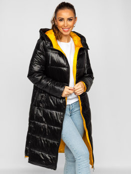 Giacca lunga trapuntata invernale con cappuccio da donna nero Bolf J9063