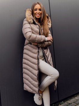 Giubbotto lungo invernale con trapunture e pelliccia naturale da donna marrone Bolf M699