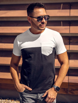 T-shirt senza stampa con taschino da uomo bianco-nera Bolf 8T91A