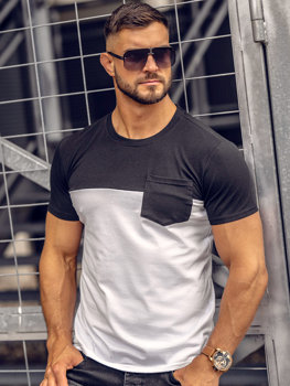 T-shirt senza stampa con taschino da uomo nero-bianca Bolf 8T91A