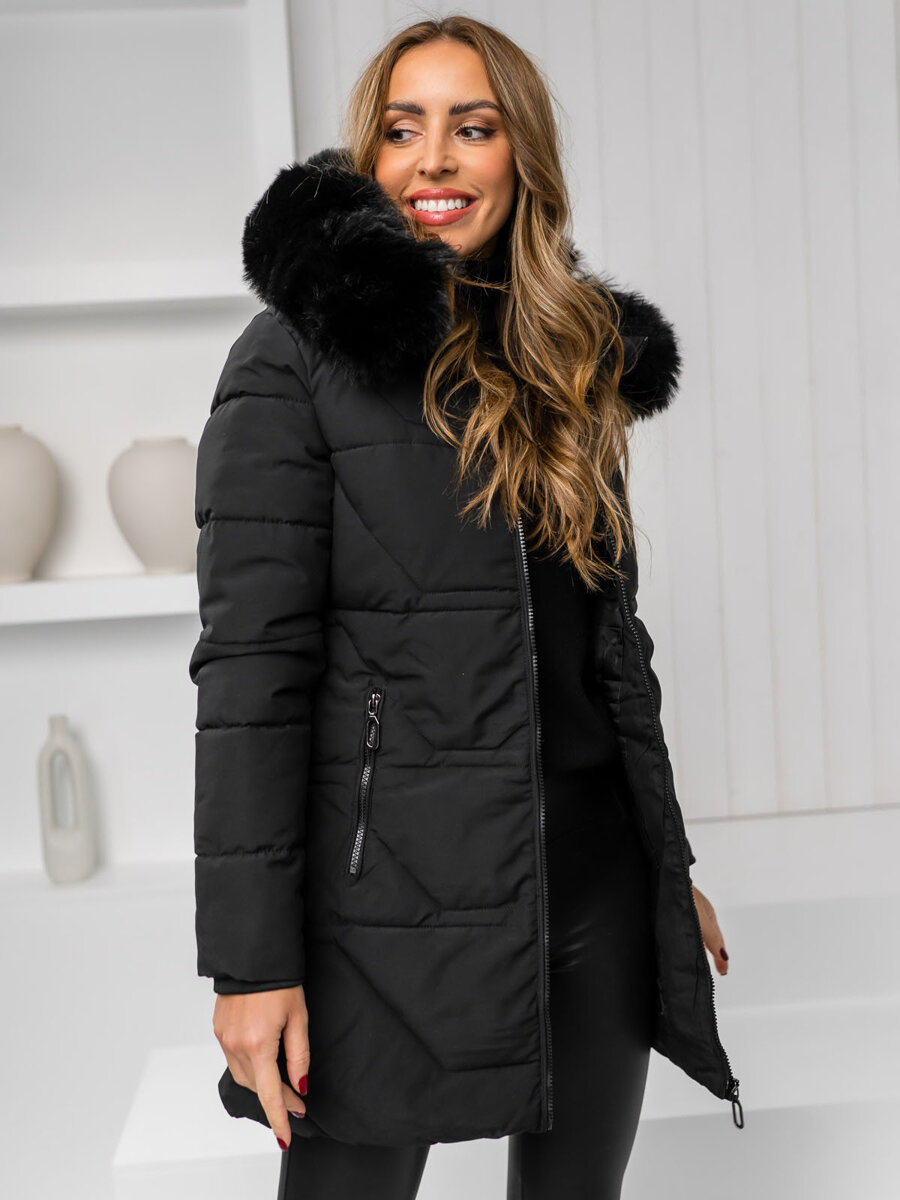 Giubbotto invernale con cappuccio e pelliccia da donna nero Bolf 16M9099
