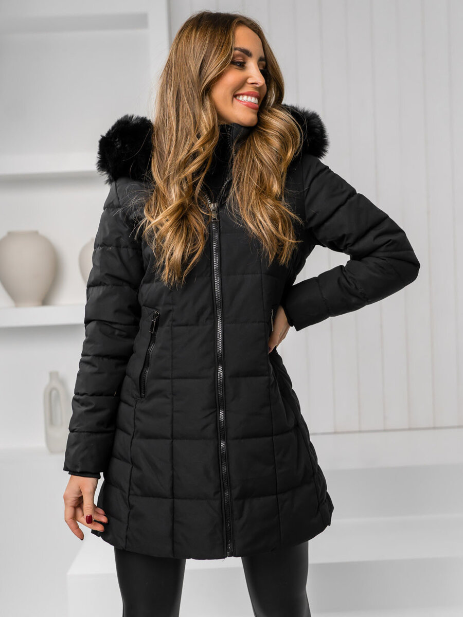 Giubbotto invernale con cappuccio e pelliccia da donna nero Bolf 16M9119