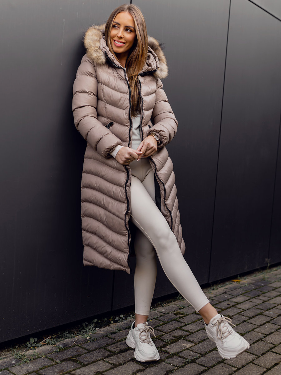 Giubbotto lungo invernale con trapunture e pelliccia naturale da donna  marrone Bolf M699