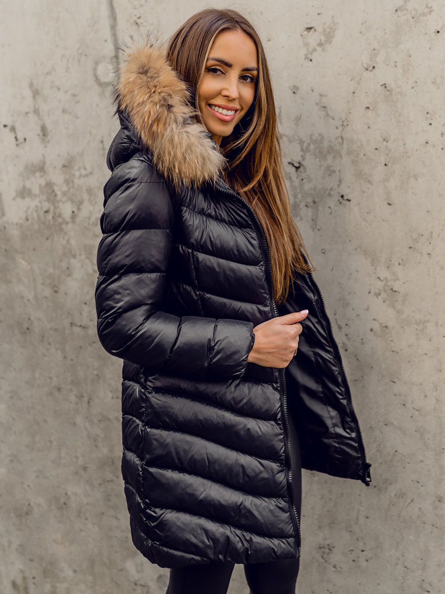 Giubbotto lungo trapuntato cappotto invernale con pelliccia naturale da  donna nero Bolf M688